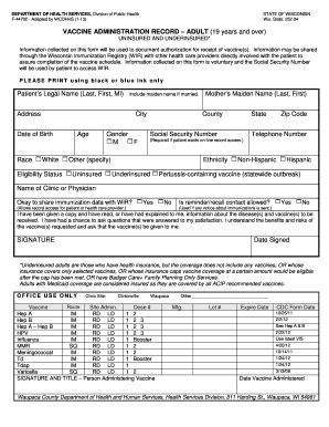 Wisconsin Adult Vaccine Administration Record