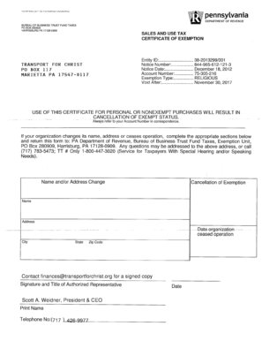 Pennsylvania Sales and Use Tax Exemption Certificate