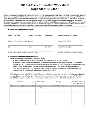 2013–2014 Verification Worksheet Dependent Student