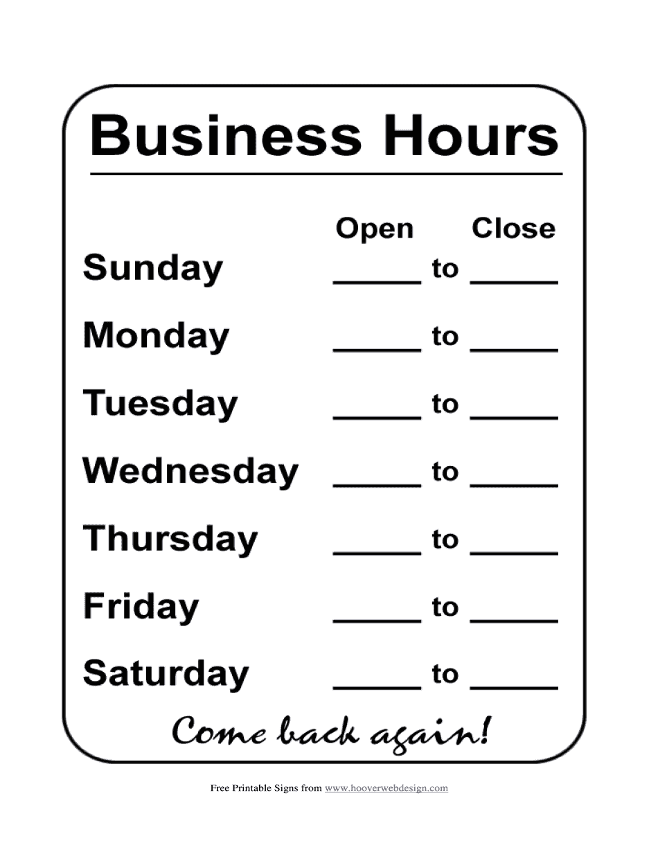 Office Hours Template - Printable Blank PDF Online Pertaining To Printable Business Hours Sign Template