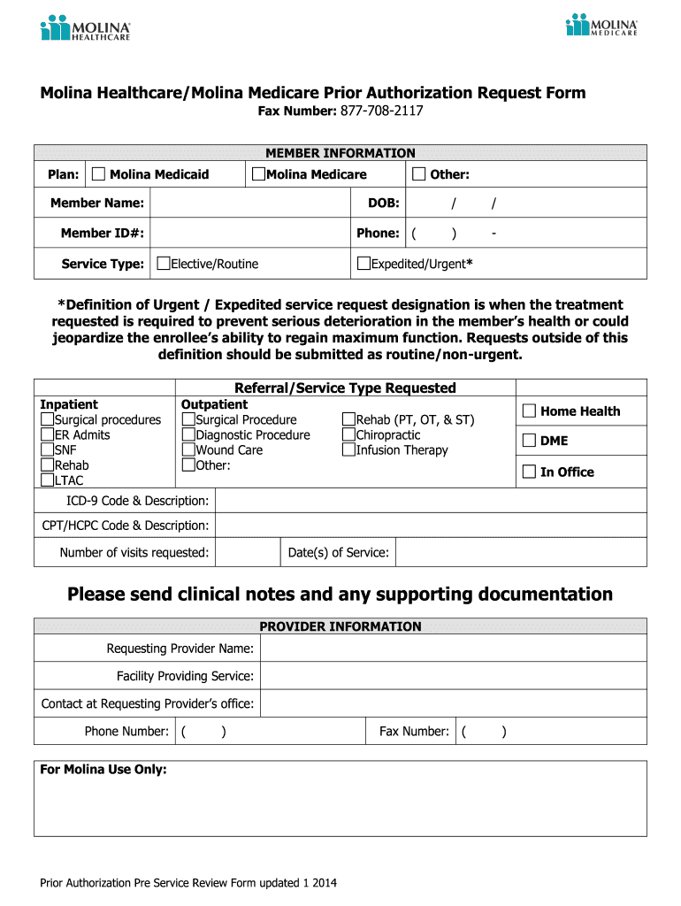 Molina Healthcare Medicare Prior Authorization Request 2014 - Fill and Sign Printable Template ...