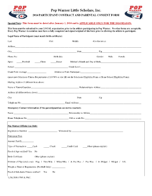2014 Pop Warner Participant Contract and Parental Consent Form