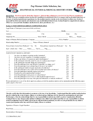 Pop Warner Physical Fitness and Medical History Form
