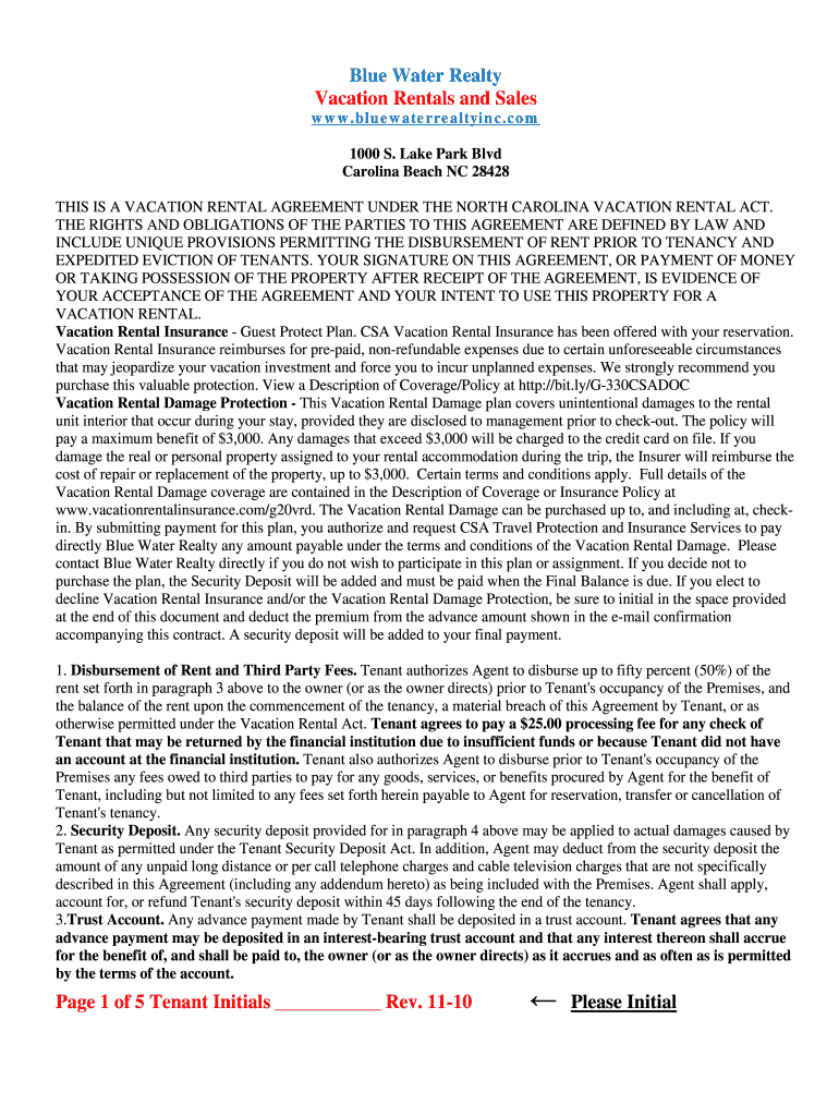 Fillable Online Vacation Rental Agreement Carolina Beach Vacation