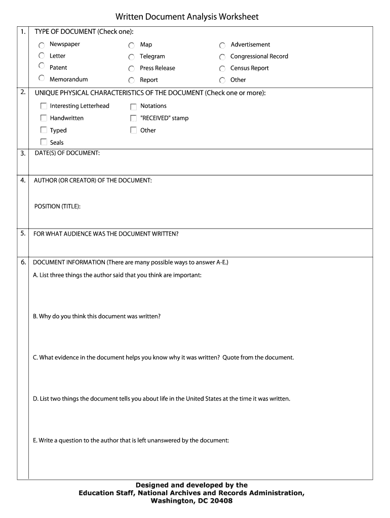 Document Analysis Template - Fill Online, Printable, Fillable For Written Document Analysis Worksheet Answers