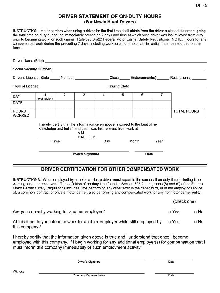 driver statement of on duty hours Preview on Page 1