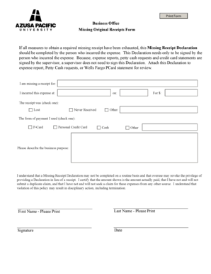 Missing Receipt Declaration Form