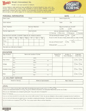 Wendy's Employment Application Form