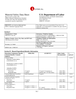 Material Safety Data Sheet for Hydrated Aggregate Base