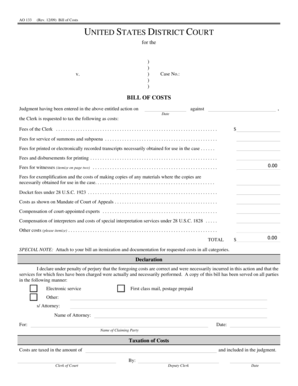 US Federal Bill of Costs Form