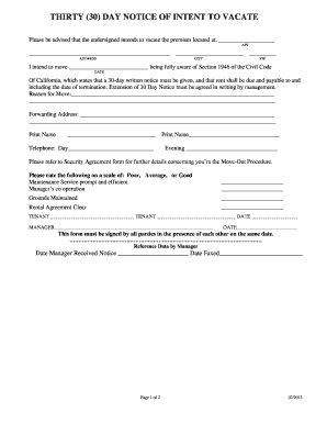 Notice to vacate california template - 30-DAY NOTICE OF INTENT TO VACATE. Claims Inquiry Adjustment Form