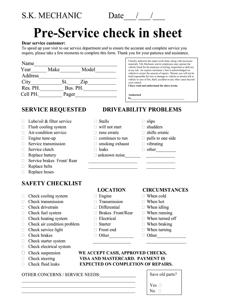 S.K. Mechanic Pre-Service Check in Sheet - Fill and Sign ...