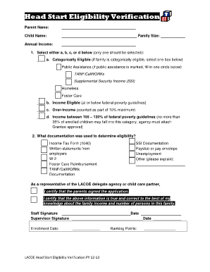 Head Start Eligibility Verification