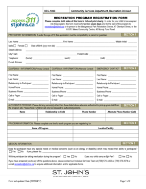 Recreation Program Registration Form
