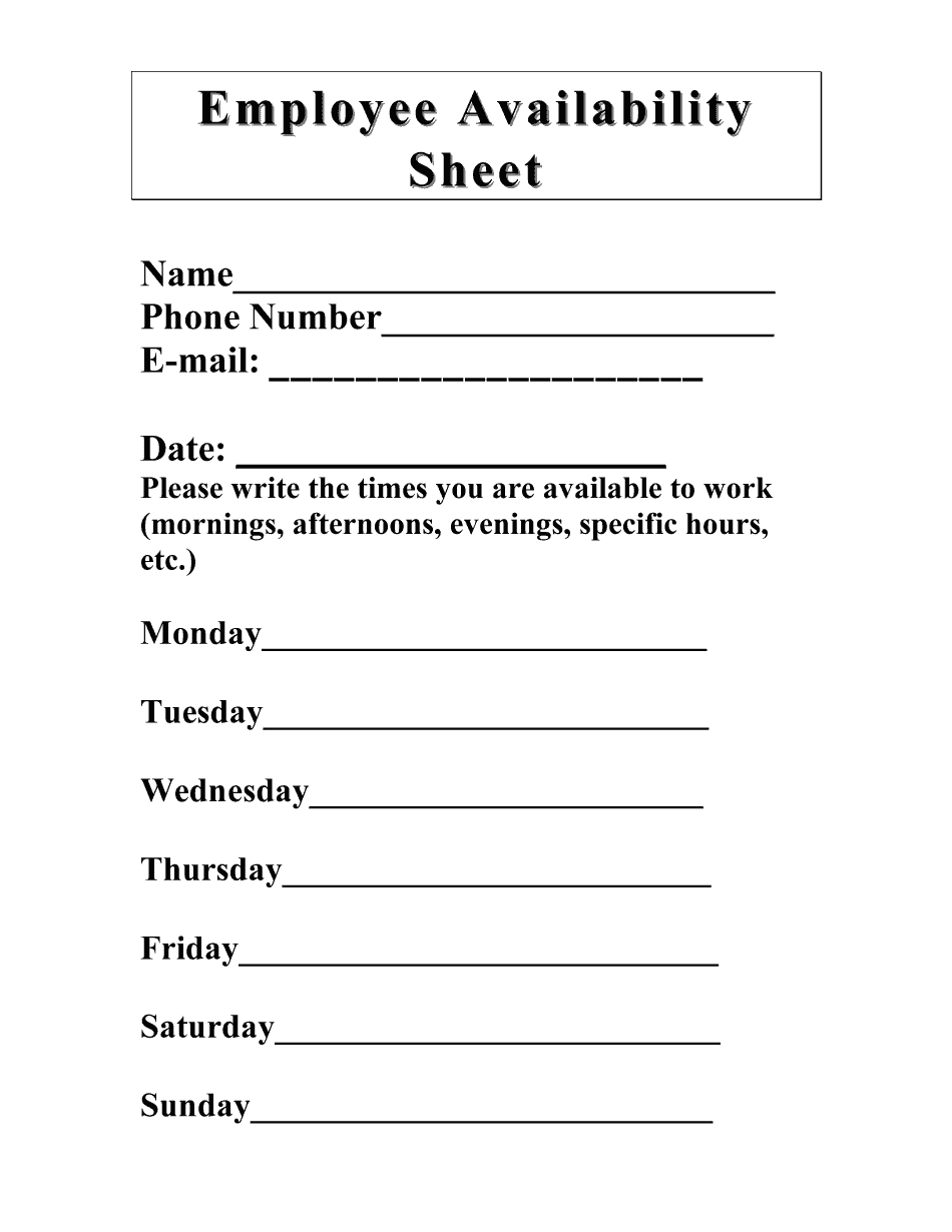 Availability Sheet Printable Blank PDF Online