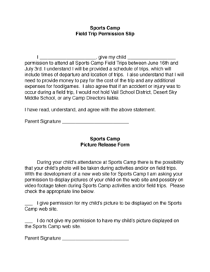 Sports Camp Field Trip Permission Slip