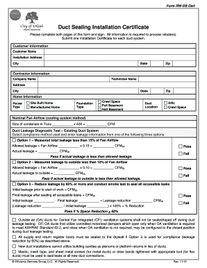 Duct Sealing Installation Certificate