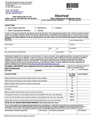 Minnesota Electrical Work Experience Verification Form