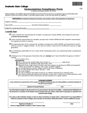 Seminole State College Immunization Compliance Form