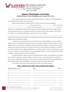 Eastern Washington University Liability Release Form