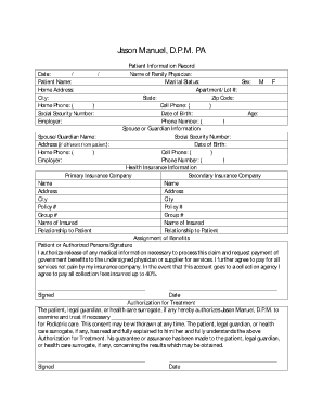 Patient Information Record and Medical History Form