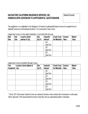 Homebuilders Addendum to Supplemental Questionnaire