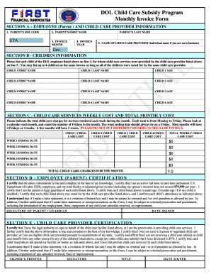 DOL Child Care Subsidy Monthly Invoice Form