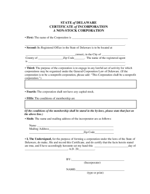 Delaware Non-Stock Corporation Certificate of Incorporation