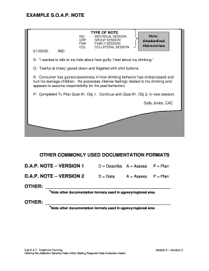 NOTE TYPE OF NOTE IND GRP FAM COL 01/03/05: INDIVIDUAL SESSION GROUP SESSION FAMILY SESSION COLLATERAL SESSION Note: Standardized Abbreviations IND: S: I wanted to talk to my kids about how guilty I feel about my drinking - uclaisap