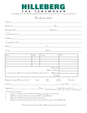 Hilleberg Pro-Form 2007 Order Form