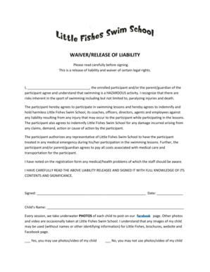 Swim School Liability Waiver Form