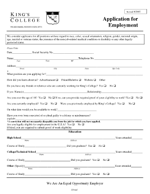 King's College Employment Application Form