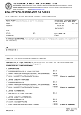 Connecticut Business Entity Certificate Request