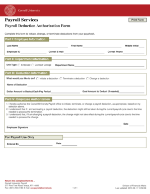 Cornell University Payroll Deduction Authorization Form