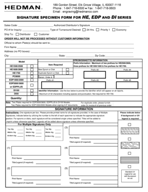 Signature Specimen Form for HE, EDP and DI Series