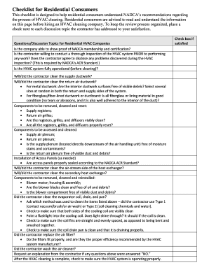 NADCA HVAC Cleaning Checklist for Residential Consumers