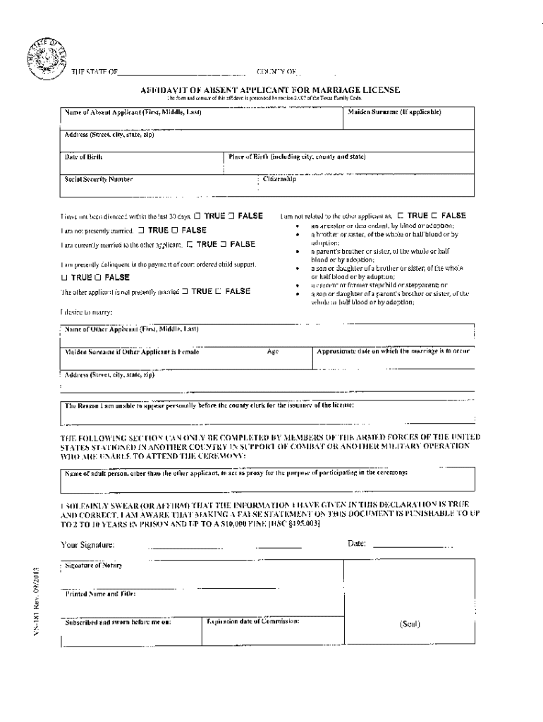 affidavit of absent applicant for marriage license Preview on Page 1