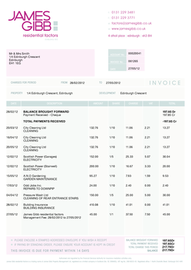 Invoices samples - View a sample typical invoice - James Gibb Property Management