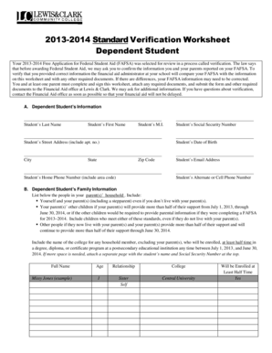 2013-2014 FAFSA Verification Worksheet