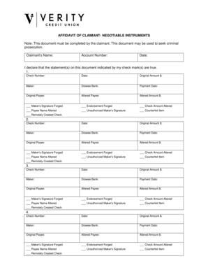 Affidavit of Claimant-Negotiable Instruments - Verity Credit Union