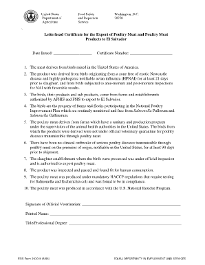 FSIS Letterhead Certificate for the Export of Poultry Meat and Poultry Meat Products to El Salvador. Export Requirements for El Salvador - fsis usda