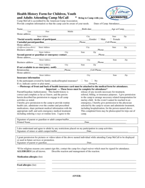 Camp McCall Health History Form