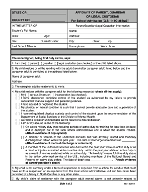 Affidavit of Parent Guardian or Legal Custodian for School Admission