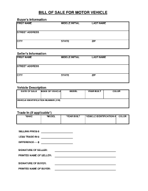 Bill of Sale for Motor Vehicle