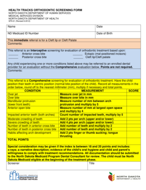 North Dakota Orthodontic Screening Form