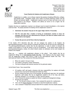 Nurse Checklist for Students with Anaphylactic Allergies