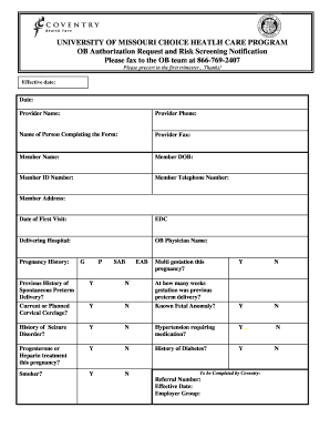 OB Authorization Request and Risk Screening Notification