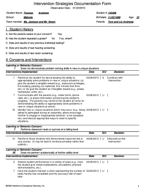 Student Intervention Strategies Documentation Form