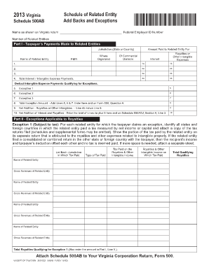 2013 Virginia Schedule of Related Entity Add Backs and Exceptions