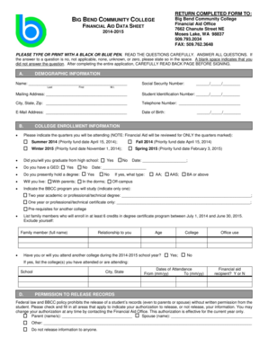 Big Bend Community College Financial Aid Data Sheet